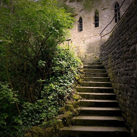 Mysterious staircase photo. Architectural detail of stairs. Secret garden