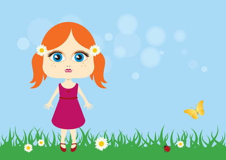 Cute little girl vector. Cartoon character of a little girl. Adorable little girl in the meadowのイラスト素材