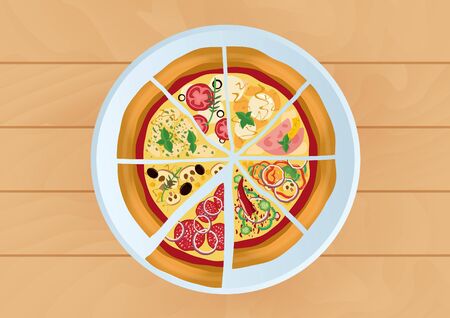 Pizza vector illustration. Pieces of pizza on a wooden backgroundのイラスト素材