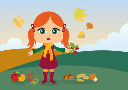 Autumn kids vector. Autumnal little girl vector. Little girl in autumn landscapeのイラスト素材