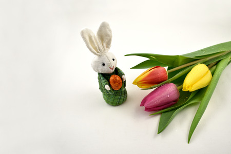Colorful tulips with Easter bunny stock images. Easter decoration on a white background. Spring decoration images. Bouquet of colorful tulips. Easter Bunny with tulipsの写真素材