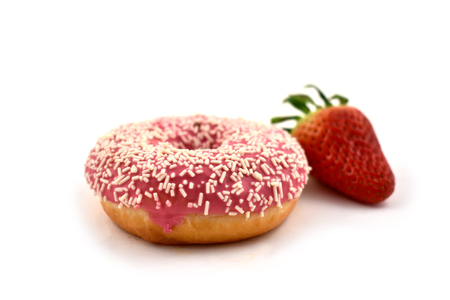 Strawberry donut stock images. Pink donut on a white background. Donut with pink icing and strawberryの写真素材