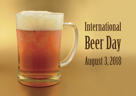 International Beer Day illustration. Glass of beer on a gold background. Beer day poster. Important dayの写真素材
