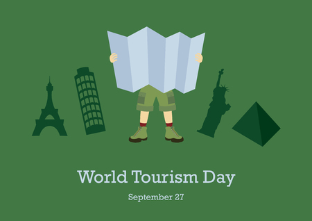 World Tourism Day vector. Traveler with a map. Traveler cartoon character. Important dayのイラスト素材