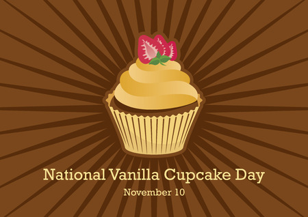 National Vanilla Cupcake Day vector. Cupcake isolated on a brown background. Vanilla cupcake with strawberry vector illustration. Important dayのイラスト素材