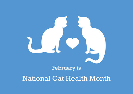 National Cat Health Month vector. Cat silhouette vector. Sitting cat. White cat on a blue...