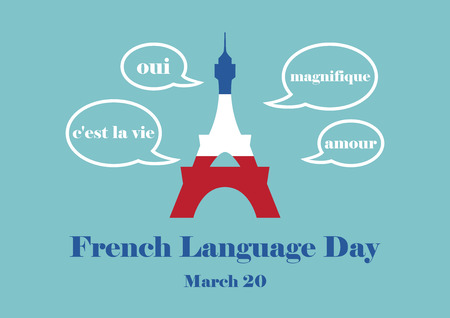 French Language Day vector. Eiffel Tower vector. Talking bubbles with French words. March 20, 2019. Important dayのイラスト素材