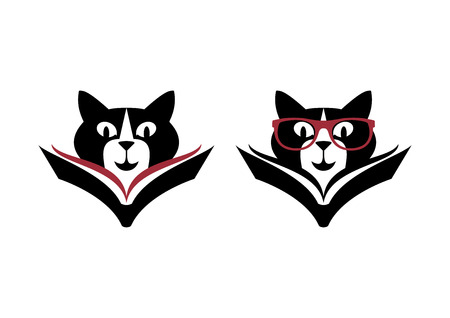 Smart cat icon set vector. Cat reading book vector. Cat with glasses icon vector. Clever cat head icon setのイラスト素材