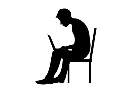 Sitting man with computer vector. Sitting man with computer on his lap. Black silhouette of a seated man. Man figure on a white backgroundのイラスト素材
