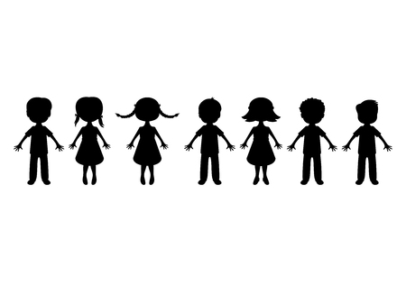 Little kids silhouette vector. Children in a row clipart. Black icons set isolated on white background. Little children silhouette cartoon characterのイラスト素材
