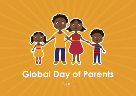 Vector Illustration Keywords: Black family vector. Parents' Day Poster, June 1. Daddy, mum and kids cartoon. Afro americans family vector. Parents and children cartoon character. Important dayのイラスト素材