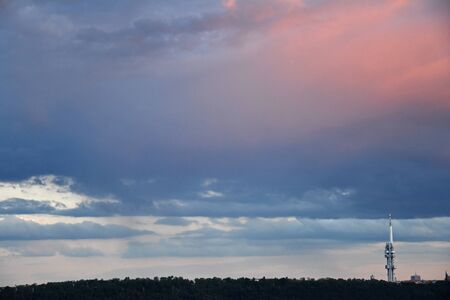 Sunset clouds in Prague stock images. Zizkov Television Tower in Prague, Czech Republic. Twilight in Prague. Colorful sky background stock imagesの写真素材