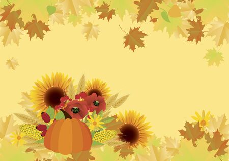Autumn harvest background with pumpkin and sunflowers. Autumn still life illustration. Beautiful autumn decoration. Autumn harvest border. Vector Illustration Keywords:のイラスト素材