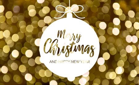 Merry Christmas and Happy New Year. Glossy yellow background. Abstract golden background. Gold blurred bokeh wallpaper. Festive blur backdrop. Christmas greeting card. White Christmas ball