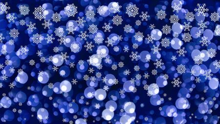 Abstract Christmas backround with snowflakes. Graphic white snowflakes. Christmas snowy background. Blue and white blur background. Glossy blue backgroundの写真素材