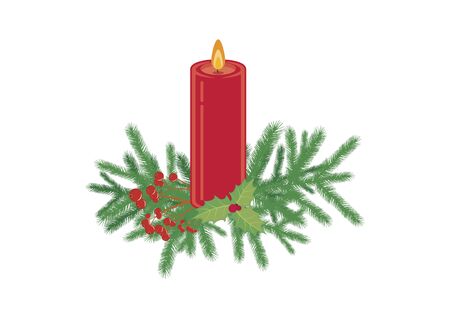 Christmas Candle with Spruce Twig Vector. Red candle with twig. Vector Illustration Keywords: Red Christmas decoration isolated on a white backgroundのイラスト素材