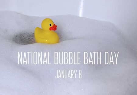 Bubble Bath Day images. Yellow plastic duck in the bath. Bath with foam images. Bubble Bath Day Posterの写真素材