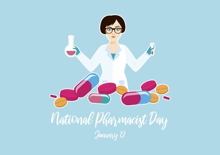 Vector Illustration Keywords: Vector Illustration Keywords: Woman in white lab coat. Woman in science icon vector. Pharmacist Day Poster, January 12th. Important dayのイラスト素材
