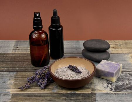 Spa and wellness setting on brown background stock images. Wellness background. Spa still life...