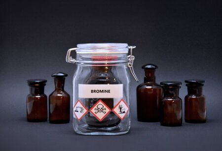 Bromine bottle stock images. Toxic liquid stock images. Brown Lab Bottle. Brown glass container....