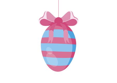 Hanging easter egg with ribbon vector. Easter egg isolated on white background. Blue-pink striped egg with bow vectorのイラスト素材