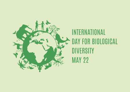 International Day for Biological Diversity vector. Planet Earth with fauna and flora icon. Green planet earth vector. Wild animals silhouette vector. Environmental concept. Biodiversity Day Poster, May 22. Important dayのイラスト素材