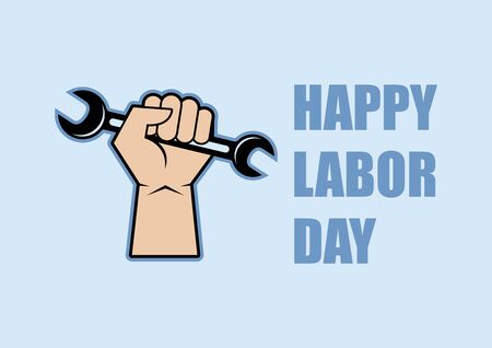 Happy Labor Day with raised fist holding a wrench vector. Clenched fist holding open end wrench vector. Hand holding work tool icon. Revolution hand icon. Important dayのイラスト素材