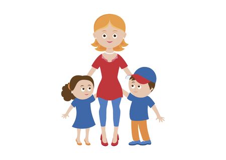 Happy mom and two children vector. Happy mother with two children vector. Mom and kids icon isolated on a white background. Beautiful mom and cute children cartoon characterのイラスト素材