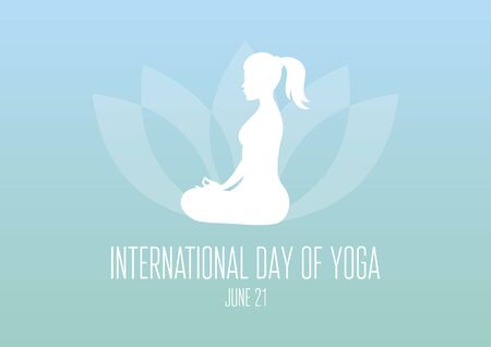 International Day of Yoga vector. Woman in yoga position silhouette. Meditating girl icon vector. Young woman sitting yoga lotus pose vector. Yoga day Poster, June 21. Important dayのイラスト素材