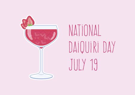 National Daiquiri Day vector. Daiquiri drink with strawberries vector. Alcoholic cocktail icon vector. Glass of strawberry daiquiri vector. Pink strawberry drink icon. Daiquiri Day Poster, July 19のイラスト素材