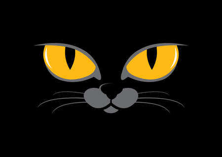 Yellow cat eyes on a black background vector. Face of a black domestic cat icon. Yellow eyes of the beast vector. Black cat vectorのイラスト素材