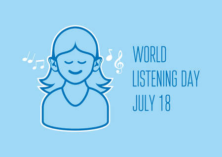 World Listening Day vector. Woman listening to music vector. Girl with big ears icon. Woman silhouette icon. Listening Day Poster, July 18. Important dayのイラスト素材