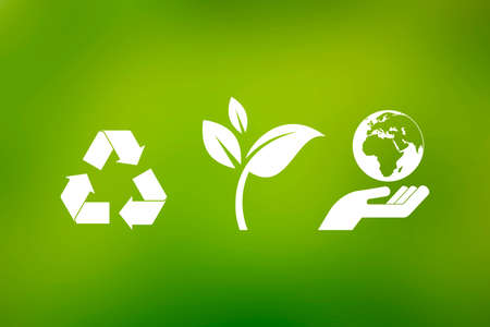 White eco symbols on a green background. Recycling symbol, leaf, hand with planet earth icon set. Environment clip art. Ecology icon set isolated on a green backgroundの写真素材