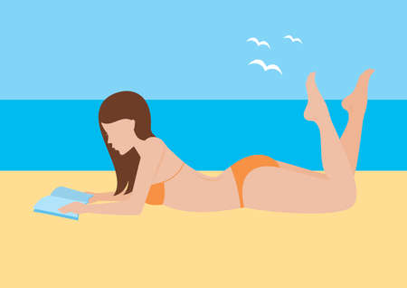 Woman relaxing at the beach vector. Girl is lying on a beach and reading a book vector. Young woman in bikini vector. Summertime woman lying on her stomach and sunbathing vector illustrationのイラスト素材