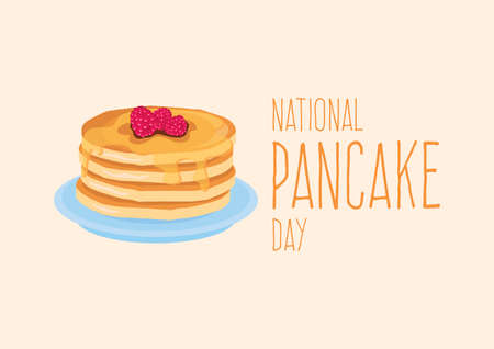 National Pancake Day vector. Pancakes with syrup and raspberries vector. Pile of pancakes on a plate icon. Important dayのイラスト素材