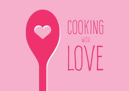 Cooking with Love pink inscription vector. Cooking with Love lettering design for kitchen vector. Wooden spoon with heart icon isolated on a pink backgroundのイラスト素材