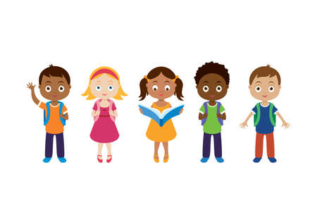 Back to school diverse children icon set vector. Happy kids of different races vector. Group of school children cartoon character. Children in a row clipart. Cute multicultural kids icon setのイラスト素材