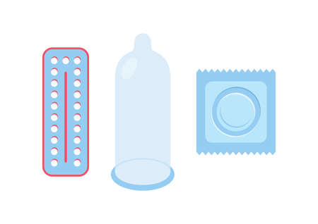 Contraception, condom and contraceptive pills icon set vector. Male and female contraception vector. Birth control and sexually transmitted diseases vector. Condom and contraceptive pills icon setのイラスト素材