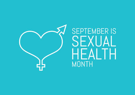September is Sexual Health Month vector. Female, male and heart gender symbol vector. He and she heart gender symbol isolated on a blue green backgroundのイラスト素材