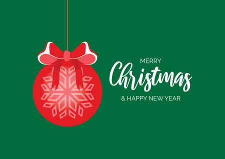 Merry Christmas and Happy New Year Sign with red Christmas ball vector. Xmas greeting card with a decorated Christmas ball vector. Christmas ball decoration with snowflake iconのイラスト素材