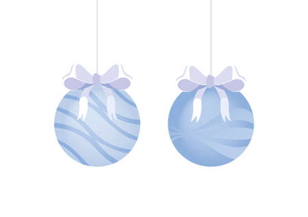 Blue Christmas balls decoration with ribbon icon set vector. Decorated Christmas balls icon isolated on a white backgroud. Hanging light blue Christmas bauble vectorのイラスト素材