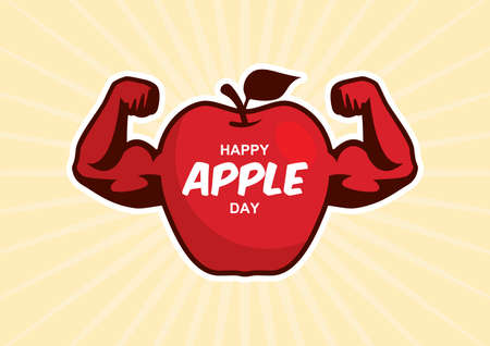 Happy Apple Day Poster with strong apple icon vector. Muscular red apple icon vector. Apple with muscle arms cartoon character. Important dayのイラスト素材
