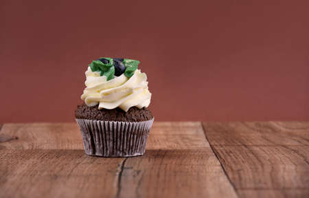 Chocolate cupcake with vanilla frosting on a wooden background stock images. Cupcake on the table....