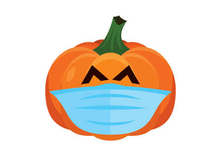 Halloween pumpkin with protective face mask icon vector. Funny halloween pumpkin with coronavirus mask isolated on a white background. Pumpkin wearing medical mask on face to prevent flu vectorのイラスト素材