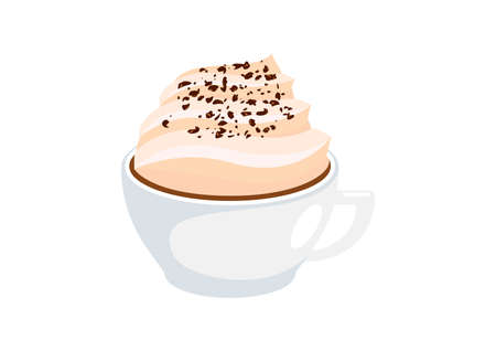 Cup of cappuccino with fluffy milk foam icon vector. Cappuccino icon isolated on a white background. Cup of coffee with whipped cream vector. White cup with hot chocolate and whipped cream icon vectorのイラスト素材