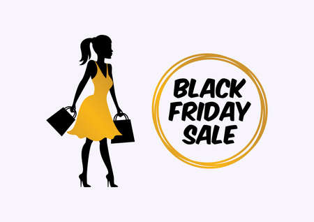 Black Friday Sale with silhouette shopping girl icon vector. Silhouette woman holding shopping bags vector. Shopper girl in golden dress vector. Black Friday icon set vector. Golden black sales tagのイラスト素材