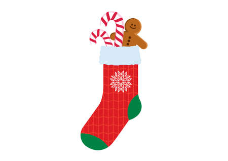 Red christmas sock with candy cane and gingerbread man icon vector. Red sock with snowflake icon vector. Red sock with christmas pattern knit icon vector. Christmas cookies in a sock vectorのイラスト素材