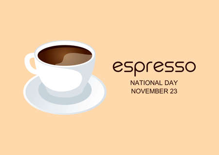 National Espresso Day vector. Black coffee cup and saucer icon vector. White ceramic cup of coffee isolated on a brown background. Espresso Day Poster, November 23. Important dayのイラスト素材