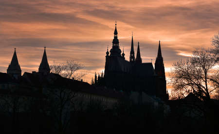 Prague Castle silhouette at sunset stock images. Ancient architecture in Prague. Evening Prague old town photo. Beautiful sunset over Prague Castle stock imagesのeditorial素材