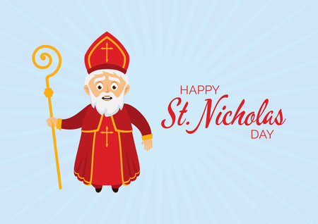 Happy St. Nicholas Day vector. Feast of Saint Nicholas greeting card vector. Cheerful Saint Nicholas with a crutch and a red robe icon vector. Important dayのイラスト素材